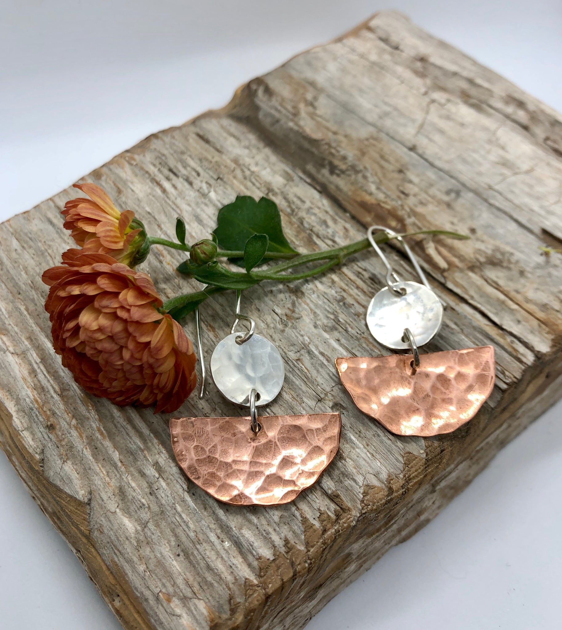 Mixed Meta copper and silver half moon earrings